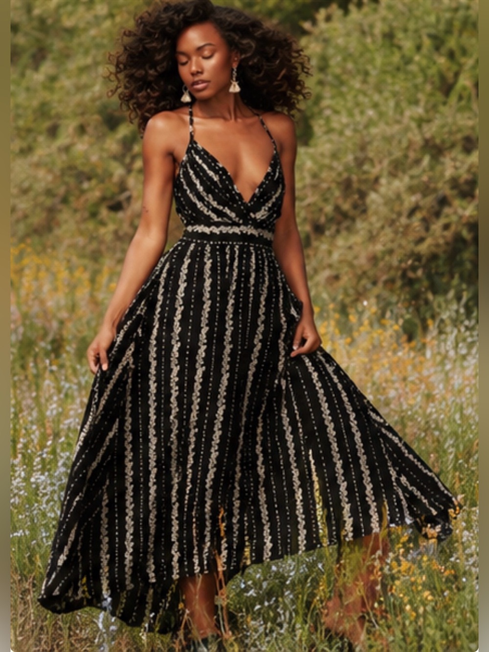 Angie Black Maxi Dress with Cream Stripe Accents EXACTLY AS PICTURED ❤️